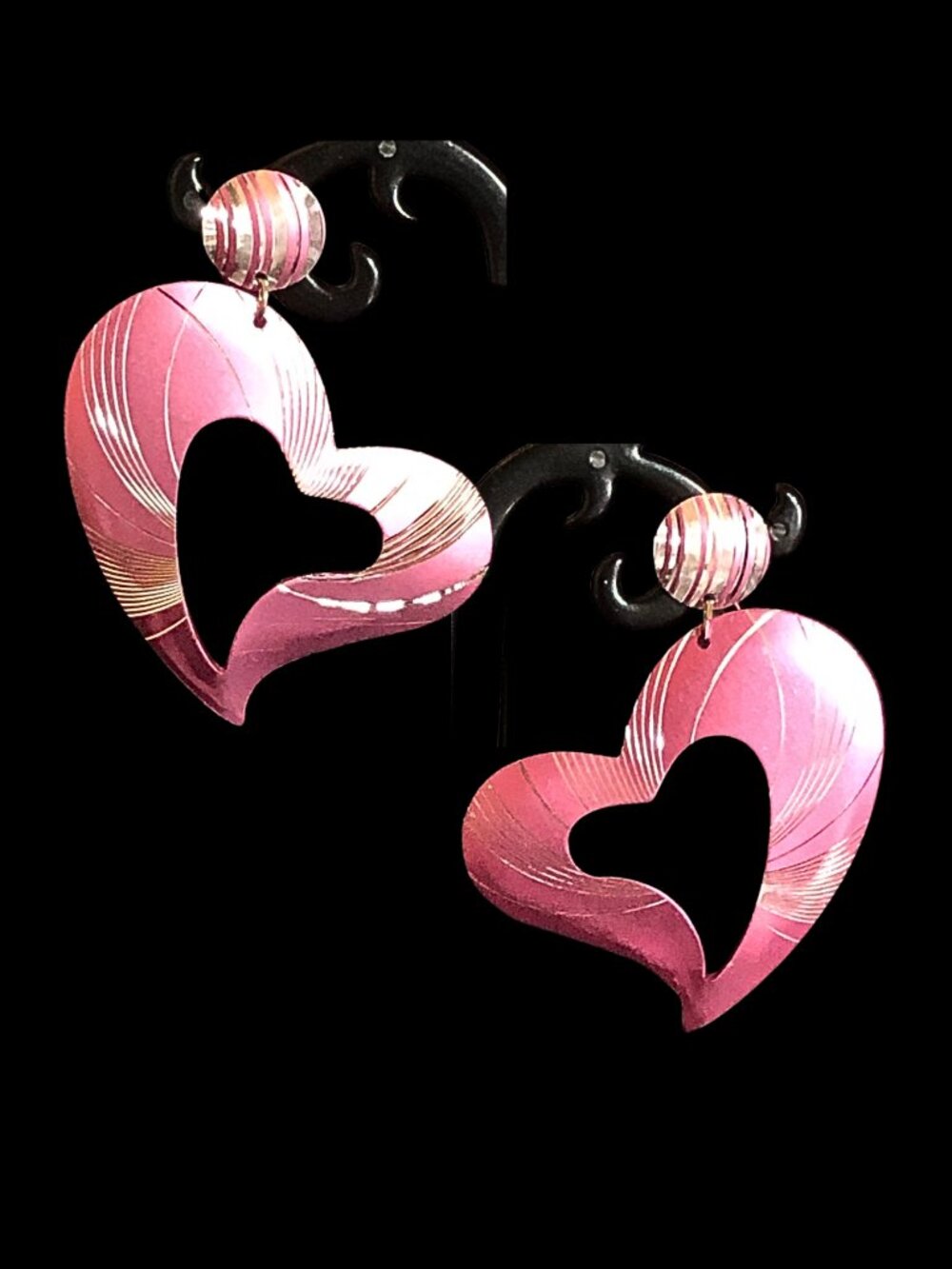 Vintage 1980s Silver Pink Heart Dangle Earrings New Wave Fashion 2" NOS 8525